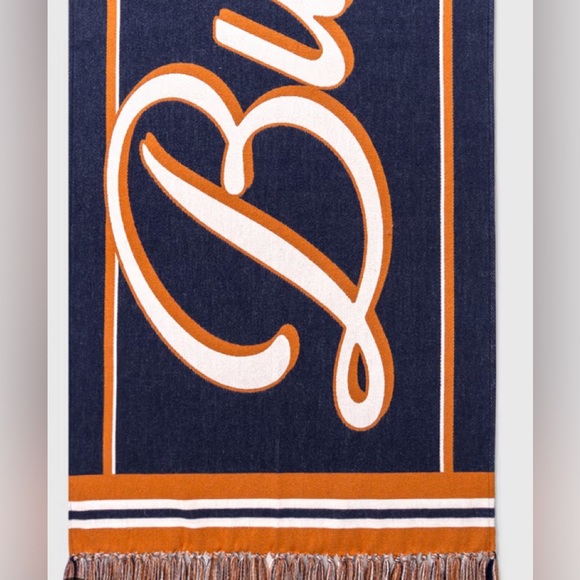 Burberry Script-Logo Cotton Scarf in Navy with Orange Trim - Picture 4 of 6